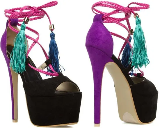 Black Purple Patch Suede Platform Women Sandals Mixed Color Fringe High Heels Gladiator Sandals Women Pumps Shoes Woman Sandalia (1)