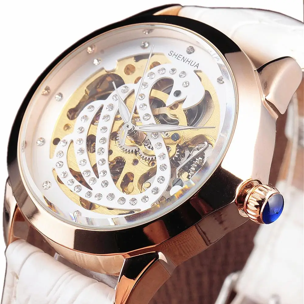 

New Luxury Shenhua Ladies Skeleton Watch Gold Case Swan Design Diamond Leather Strap Automatic Mechanical Women Wristwatches