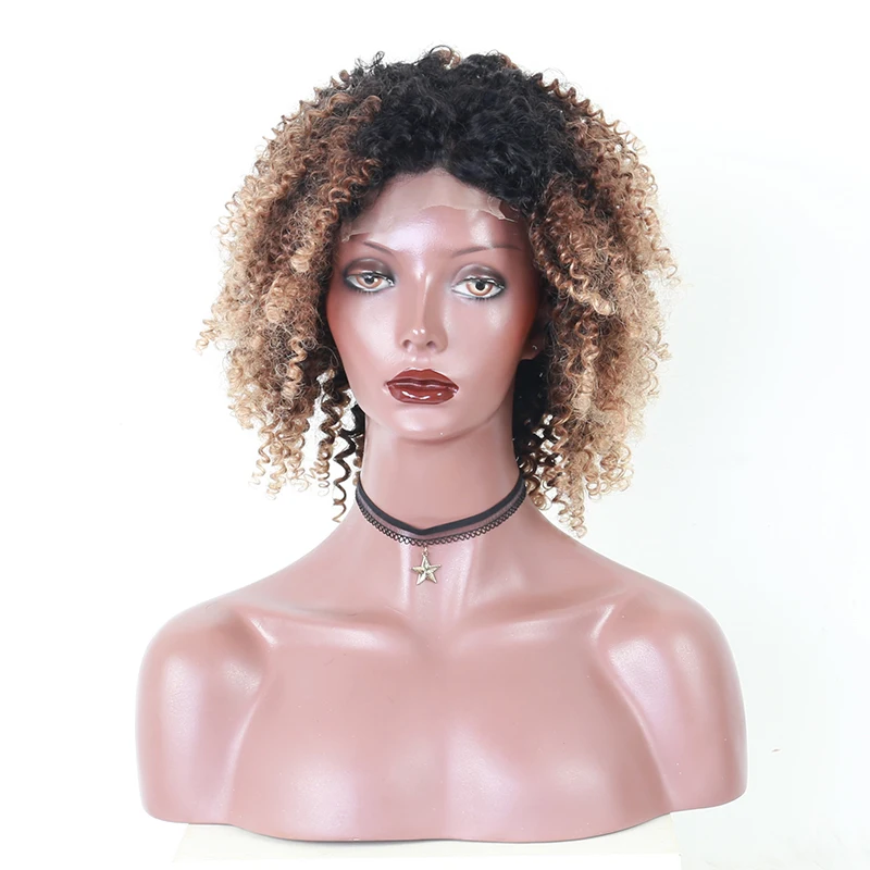 Blonde Afro Kinky Curly Wigs Colorful Ombre Lace Front Closure Wig 4x4 Short Human Hair With Baby Brazilian 150% | Шиньоны и парики