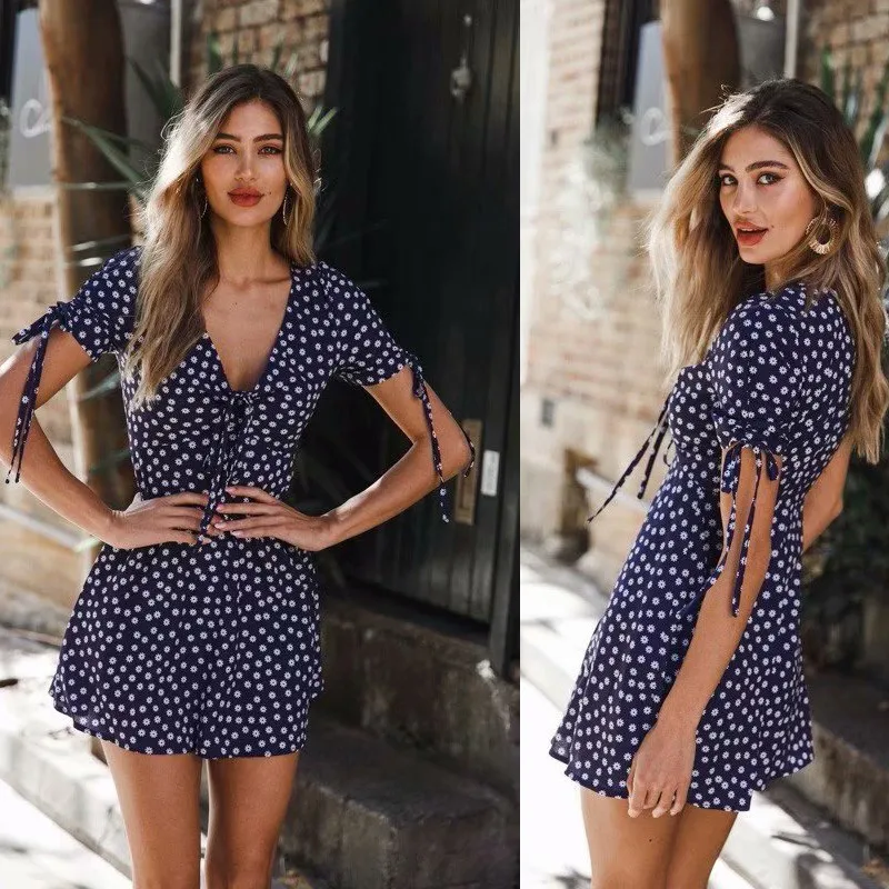 yinlinhe Floral Summer Dress Short Sleeve Slim Waist V neck Sexy Lace Up Beach Dress Women Office Elegant Vestidos 5