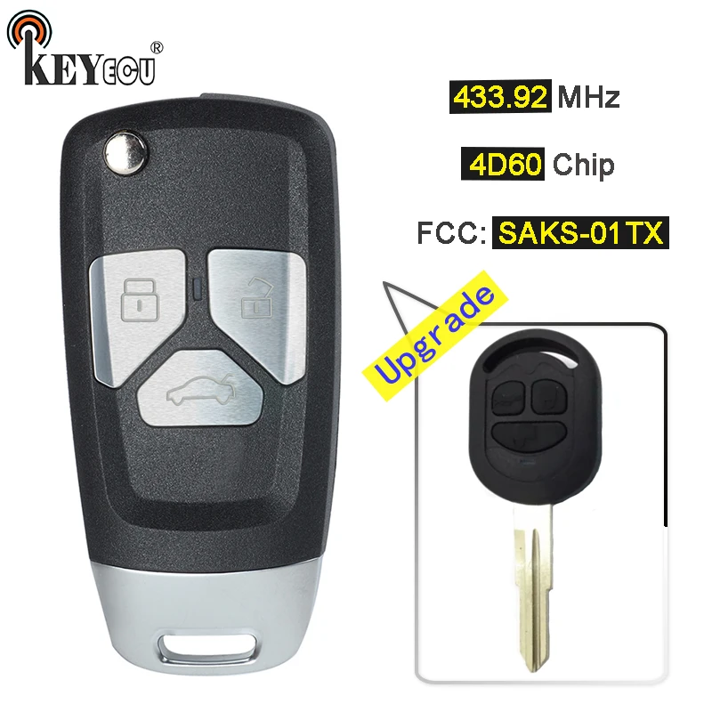 KEYECU 1x 2x 433 92MHz 4D60 Chip FCC ID SAKS 01TX Upgraded Flip Remote Car Key