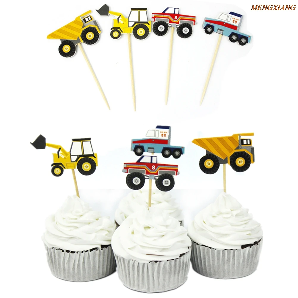 

24Pcs Cake Dessert Inserted Card Prod With Car Tractor Pattern Kids Party Cakes Decorating Tool Cake Card Cupcake Picks