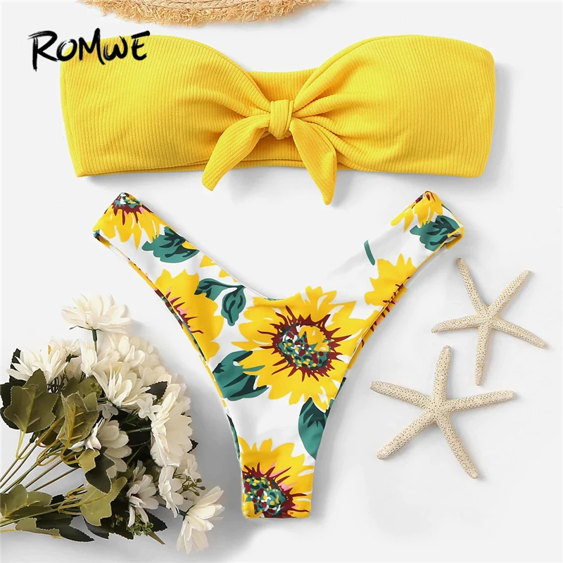 

Romwe Sport Bikinis Set Sunflower Floral Ribbed Bandeau With High Cut Bottoms Swimwear Women Summer Knot Sexy Low Rise Swimsuit