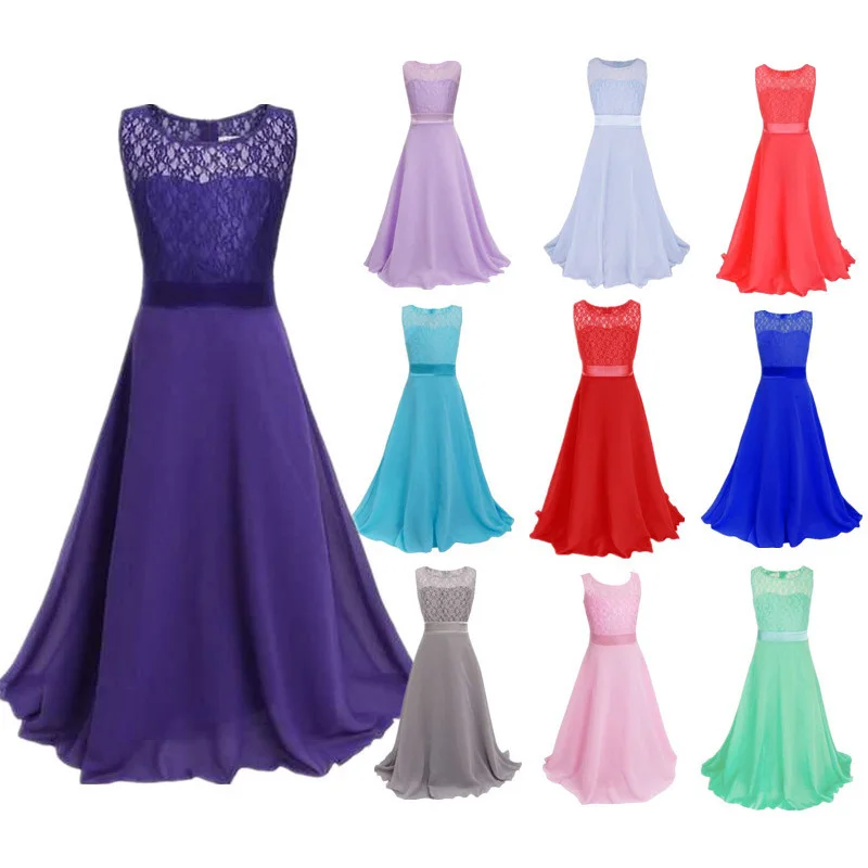 

4-15 Years Girls Lace Princess Dress Solid Color Sleeveless Children Bridesmaid Wedding Party Girls Long Formal Dresses