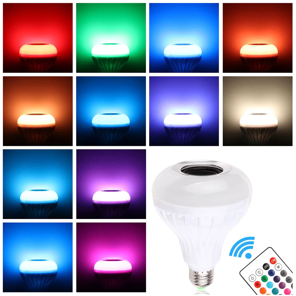 Smart E27 rgb-колонка с bluetooth светодиодный лампочка 12 W музыка играет затемнения Беспроводной светодиодный лампы с 24keys дистанционного Управление