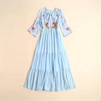 

Women Dresses 2018 High Quality Runway Summer Bow Neck Half Sleeve Embroidery Party Dress DX0681