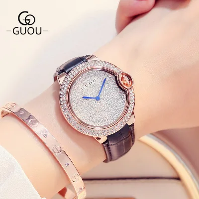 

GUOU Dress Watch Luxury Brand Women Watches Full Rhinestone Leather Casual Lady Quartz Wrist Watch Relogio feminino Montre Femme