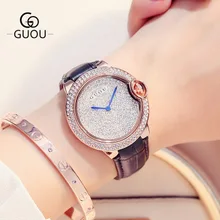 GUOU Dress Watch Luxury Brand Women Watches Full Rhinestone Leather Casual Lady Quartz Wrist Watch Relogio feminino Montre Femme melissa shining crystals dress watches women real leather dress wrist watch personalized moon dial relogio quartz montre femme