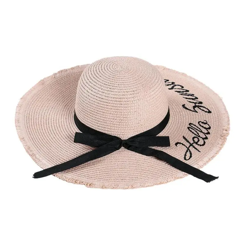 Вышивка Летняя женская соломенная шляпа с широкими полями Защита от солнечных лучей для пляжа шляпа регулируемые складываемые солнечные шляпы - Цвет: pink 1
