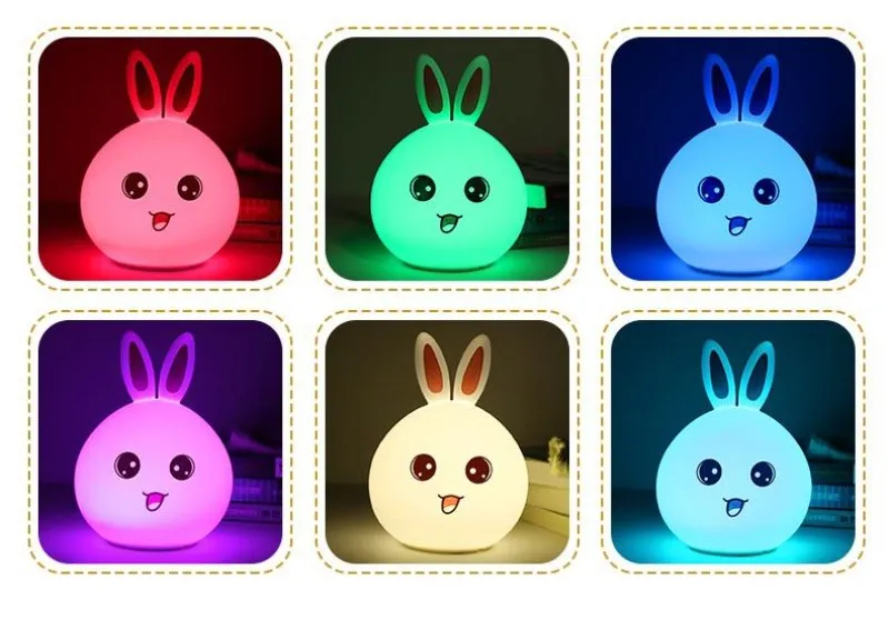 Светодиодный ночник с силиконовым сенсорным датчиком, мягкий мультяшный светильник для детей, Детский Светильник, 7 цветов, 2 режима, USB светодиодный ночник с кроликом