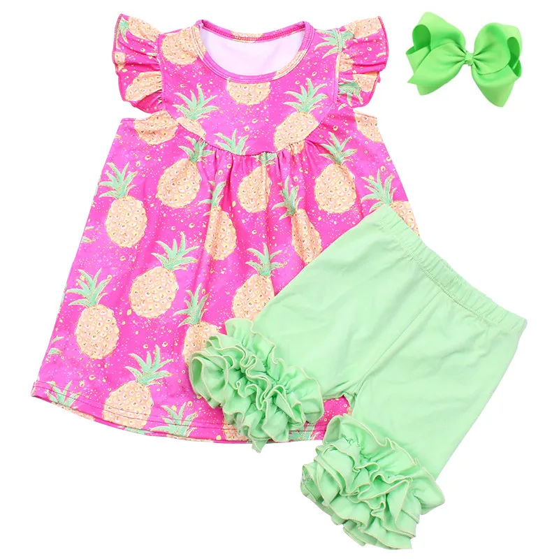 

Summer Little Girls Boutique Clothing Set Fruit Pineapple Pink Pearl Top Green Ruffle Shorts Set With Bow
