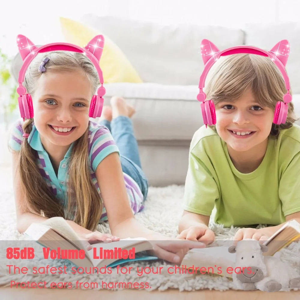 JINSERTA Cat Ear Headphones Glowing Headset 3 5mm Kids Earphones with USB Charging Port For Girls Childrens Christmas Gifts
