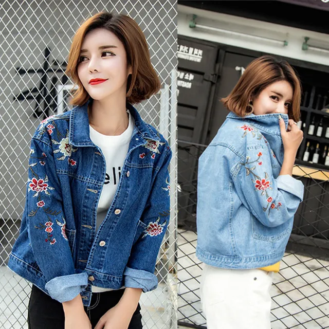 Moda de las mujeres bordadas chaqueta denim casual manga