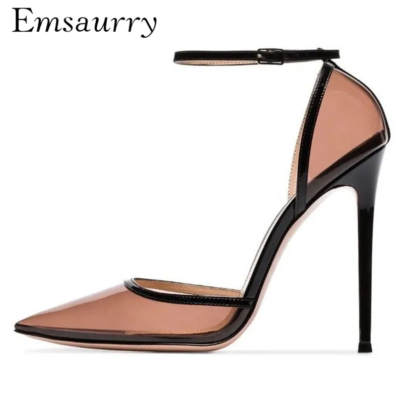

European Style PVC Transparent Sandals Women 10cm Thin High Heel Ankle Strap Pointed Toe Side Cut Out Mixed Color Sandalias