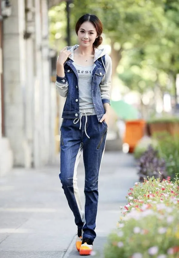 Осенние костюмы комплект корейской моды женщин вязать шить джинсовая куртка с капюшоном+ брюки повседневные Женский комплект 2 шт