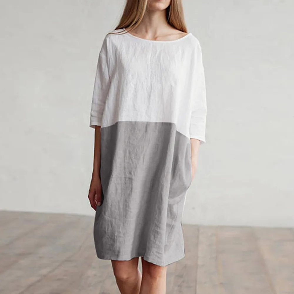 

Telotuny Maternity clothes Women Casual Patchwork 1/2 Sleeved Cotton Linen Oversize Loose Pockets Tunic Popular Dress JL 04
