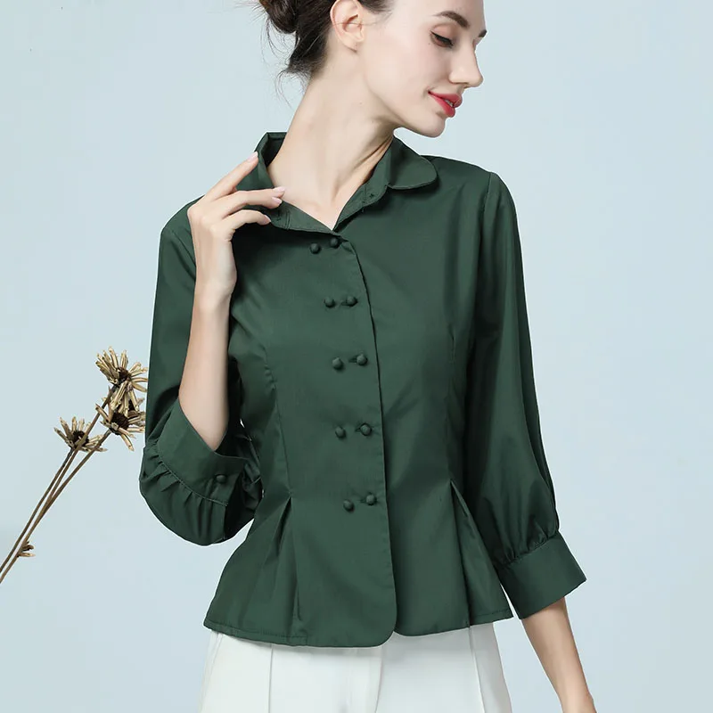 

Vintage Shirt Elegant Peplum Tops Women Blouse Double-breasted Shirts Slim Half Sleeve Workwear Woman Summer Tops Plus Size 4XL