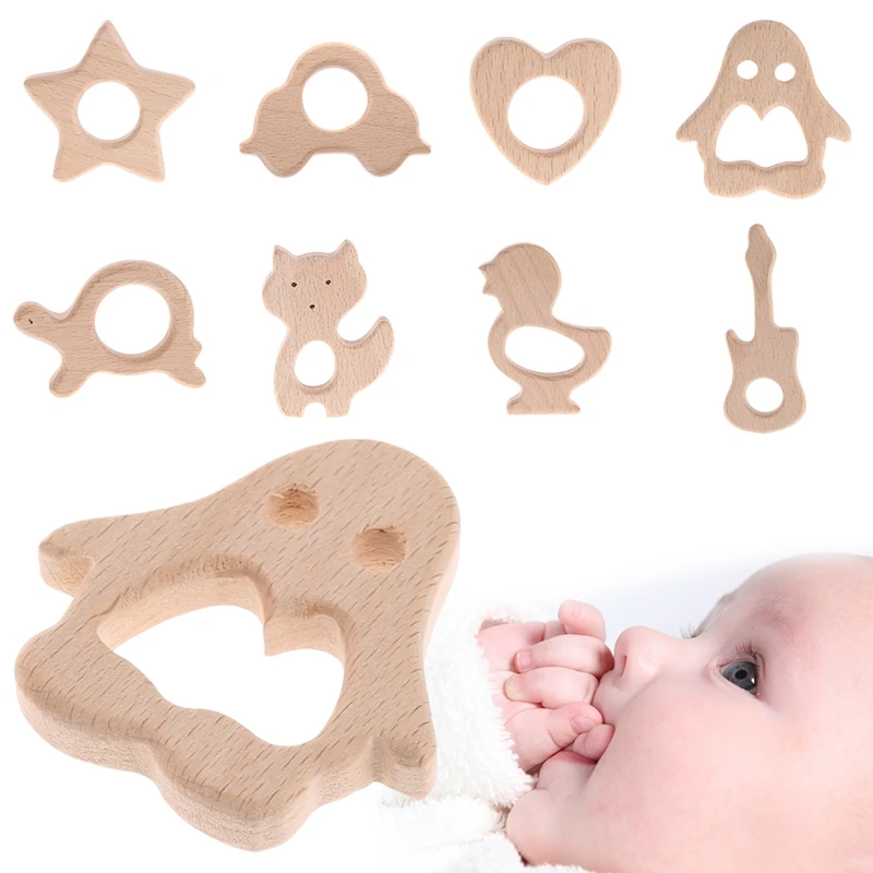 Wooden Animal Shape Baby Teether Teething Toy Shower Gift Handmade Natural 