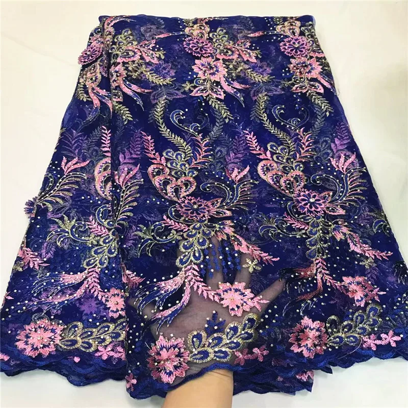 

Latest design african lace fabric high quality french tulle lace fabric royal blue stones embroidered net lace fabric ZQ18-4