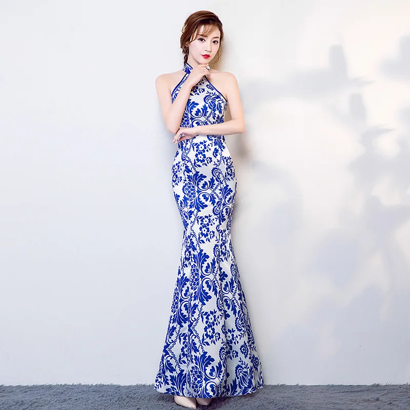 Cheongsam синий и белый фарфор Длинные рыбий хвост Для женщин Qipao платье Slim китайское традиционное платье Платья для вечеринок конферансье