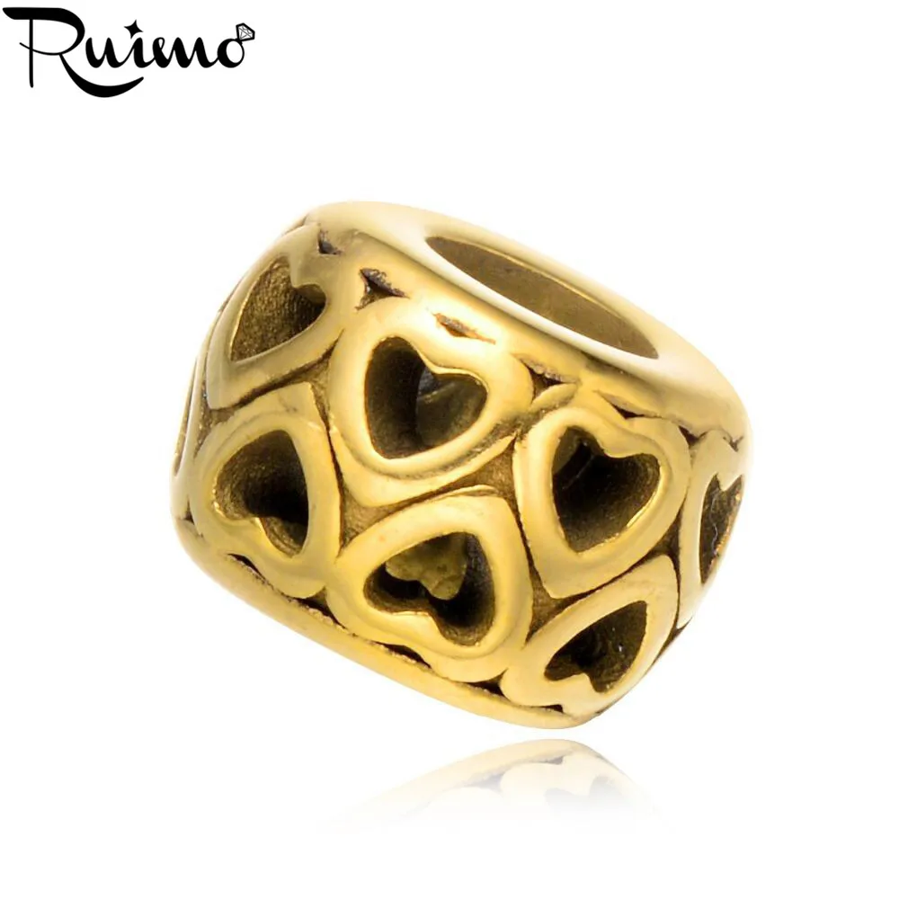 

RUIMO Vacuum Gold-color 316l Stainless Steel Double Row Heart European Big Hole Beads Charms Fit Pan Style Bracelet Jewelry