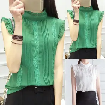 

New Summer Women Solid Color Lace Splice Stand Collar Ruffle Sleeveless Shirt Blouse