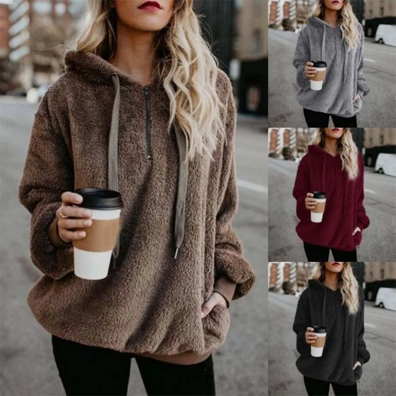 

2018 New Vogue Winter Women hooded pullovers Army green zipper fleece sweater long-sleeved Casual Harajuku Style female Pullover