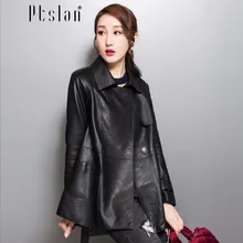 Ptslan 2017 women genuine lambskin coat full pelt coat real leather long sleeve coat
