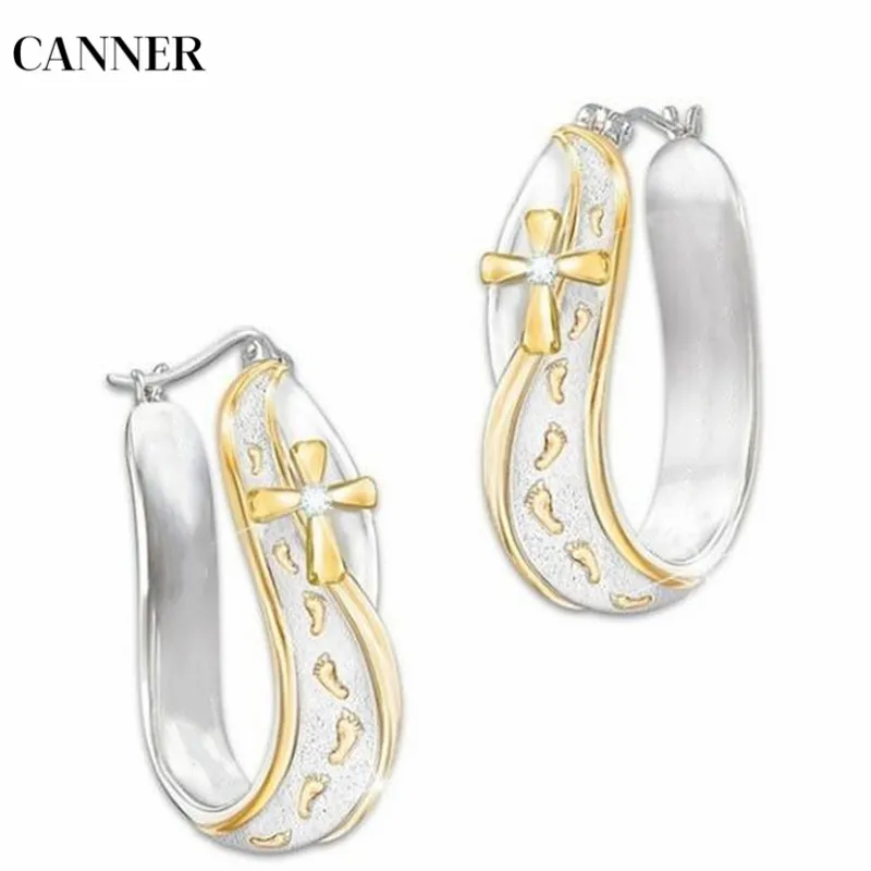 

Canner Gold Cross Loop Footprint Earings Crystal Hoop Earrings Silver Jewelry For Women Girl
