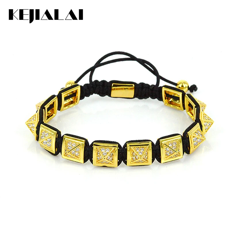 

Famous Brand Men Bracelet Square Shape Spikes Braiding Macrame Bracelet 10*10*8mm Square Beads with White CZ Punk Rock Jewelry