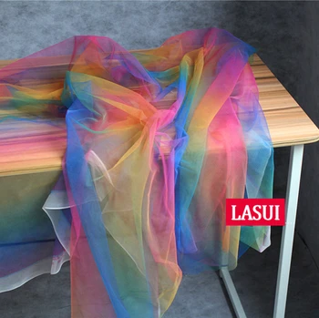 

LASUI 3y/1lot very beautiful Rainbow Gradient soft Encrypted net mesh Transparent romantic Wedding /Evening dress Fabric F0024
