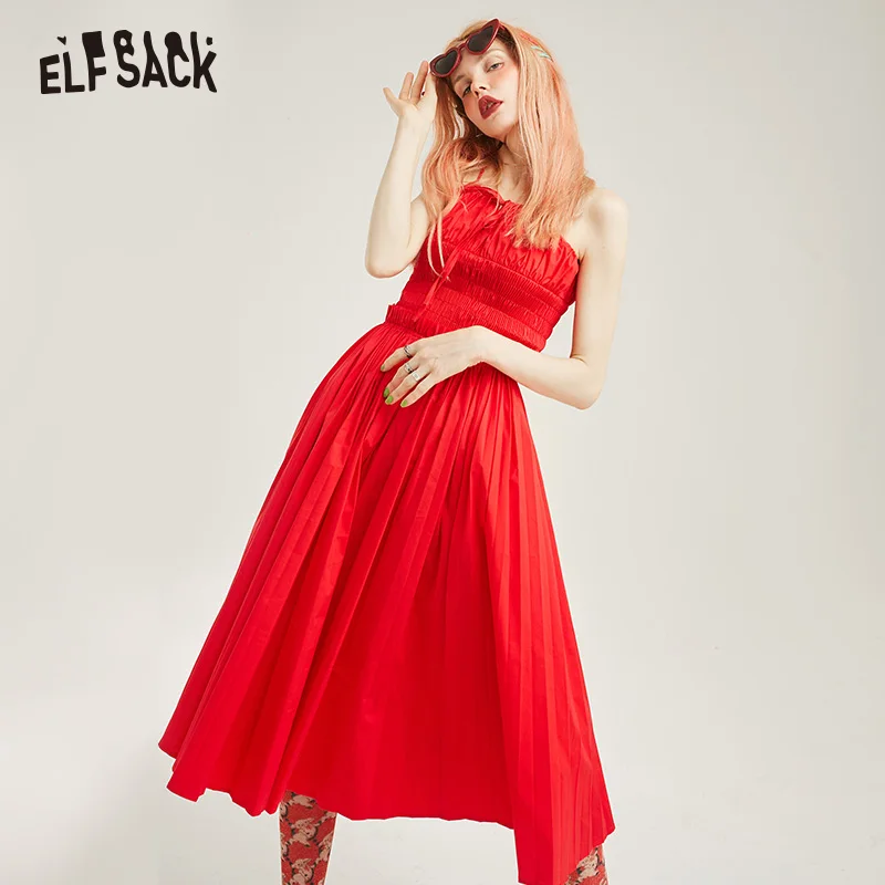 ELF SACK/Винтажные красные плиссированные платья, сексуальные платья с открытыми плечами на бретельках, женское вечернее платье, летние модные женские платья трапециевидной формы со шнуровкой