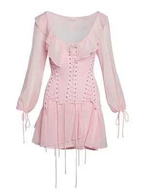 Сексуальное летнее розовое мини необычное платье, новинка, модное облегающее платье с оборками и шнуровкой на талии, Пляжное Платье для отдыха - Цвет: Розовый