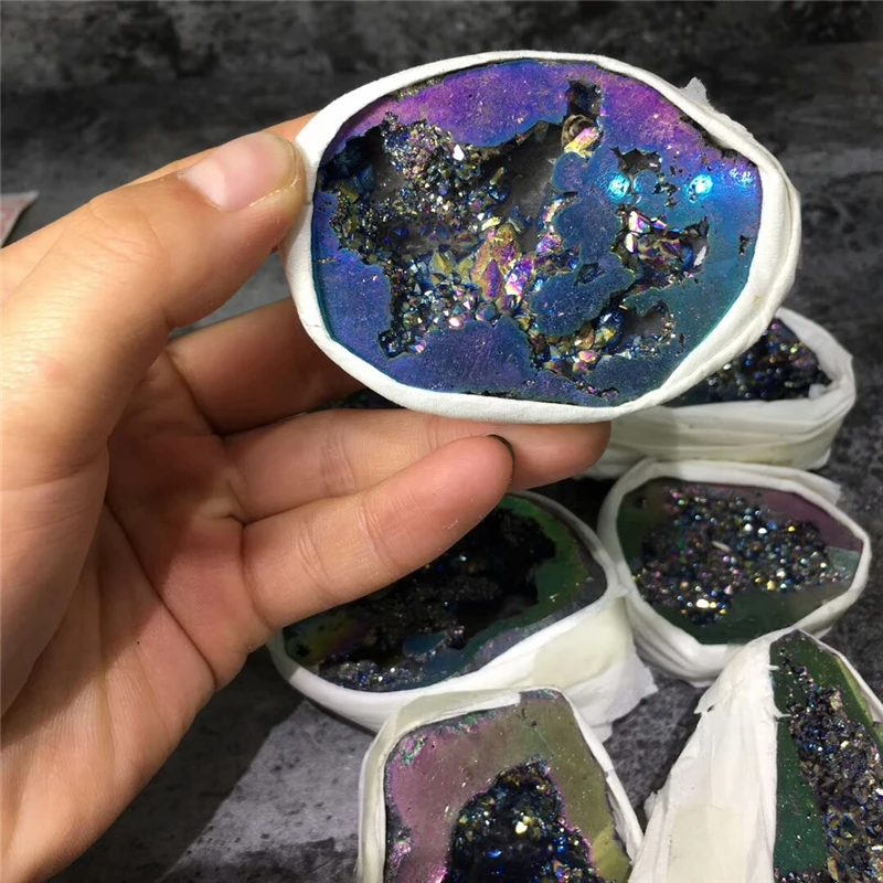 

DHX SW top quality rainbow titanium coated geode cornucopia rock shiny electroplating geode reiki healing quartz crystal stone