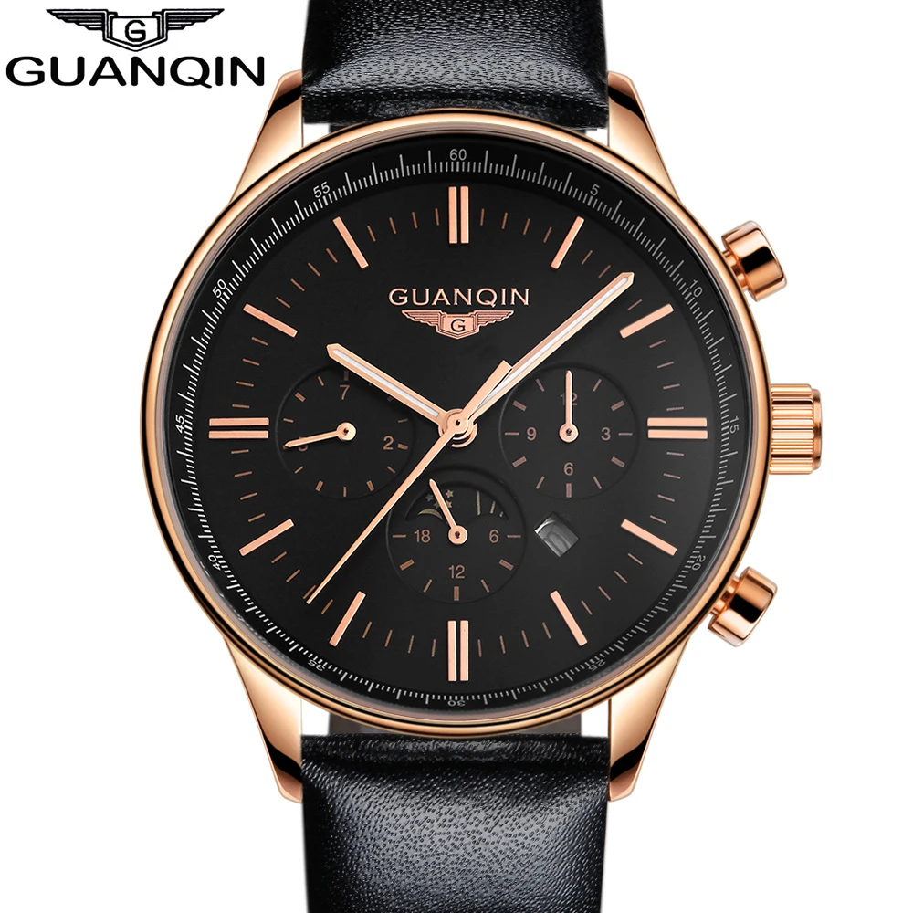 

GUANQIN New Luminous Leather Multifunction Watches Belt Fashion Men Quartz Watch Waterproof Male Wristwatches