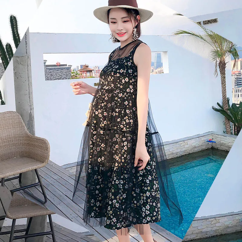 

Sleeveless Gauze Maternity Dresses For Pregnant Women Clothes Floral Pregnancy Dress Vestidos Pregnant Dress Summer Clothing
