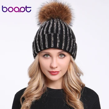 

[boapt] Natural Real Raccoon Fur Pompon Hats for Women Hat Bright Diamond Winter Warm Thick Knitted Skullies Beanies Female Caps