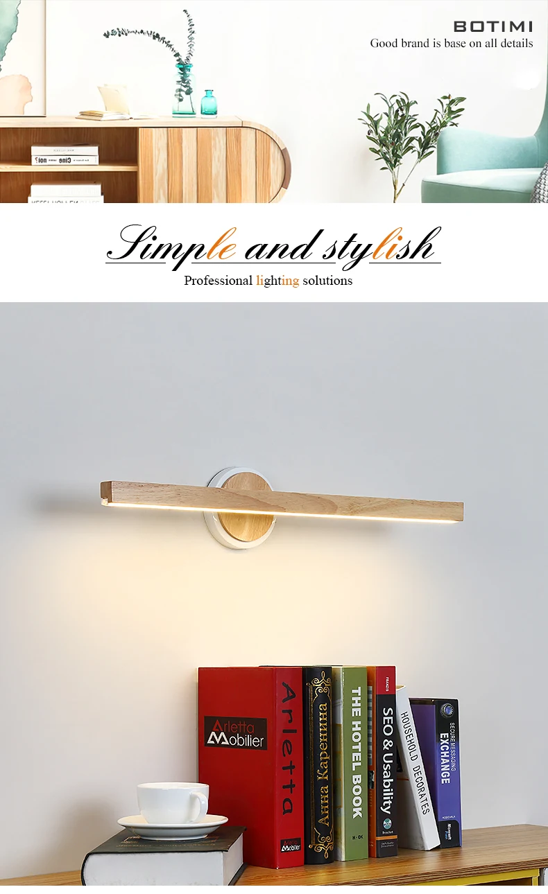 BOTIMI LED Wall Lamp For Bedroom Modern Mirror Lights Wooden Wall Sconce Wood Luminaira Bedside Lights Wall Mount Reading Light