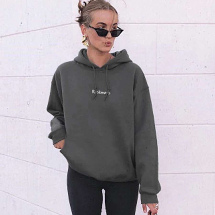 

Letter Embroidery Hoody Ladies Autumn Stylish Hooded Long Sleeve Loose Hoody Women Casual Keep Warm Splice Solid Hoody Woman