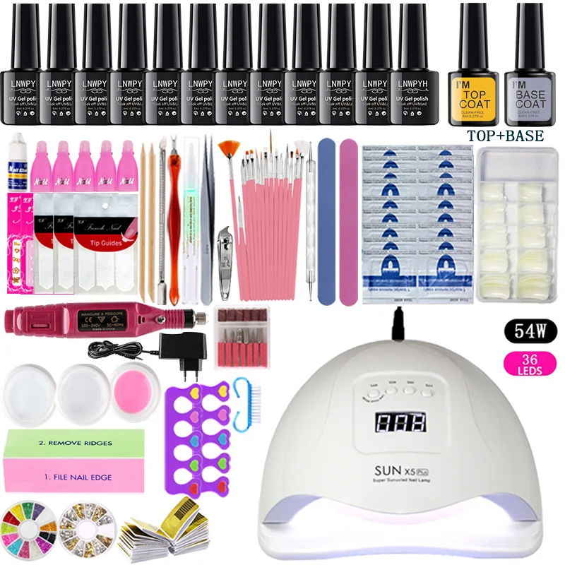 

Full Manicure Set With Lamp Nail set 36/48/54W UV LED Lamp For Nail Art Sets 12pcs 8ml UV Gel Nail Polish Set Tools For Manicure