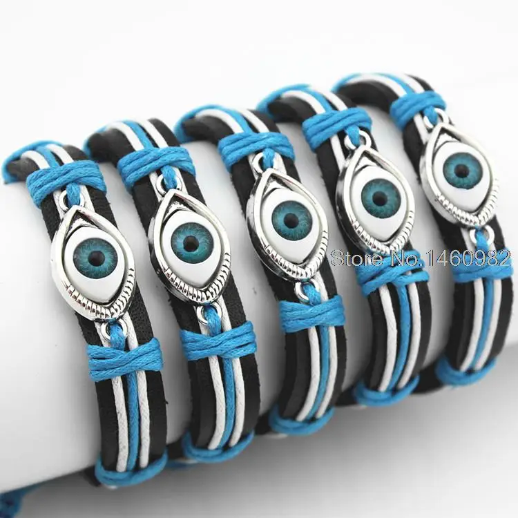 

Jewelry Wholesale lots 12PCS Hand-woven Blue Eye Turkey Evil Eye Leather Bracelets Bangle Amulet YB107