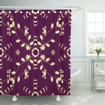 

Shower Curtain with Hooks Abstract Vintage Pattern on Dark Pink with Golden Snowflake New Year Christmas Baroque Bathroom