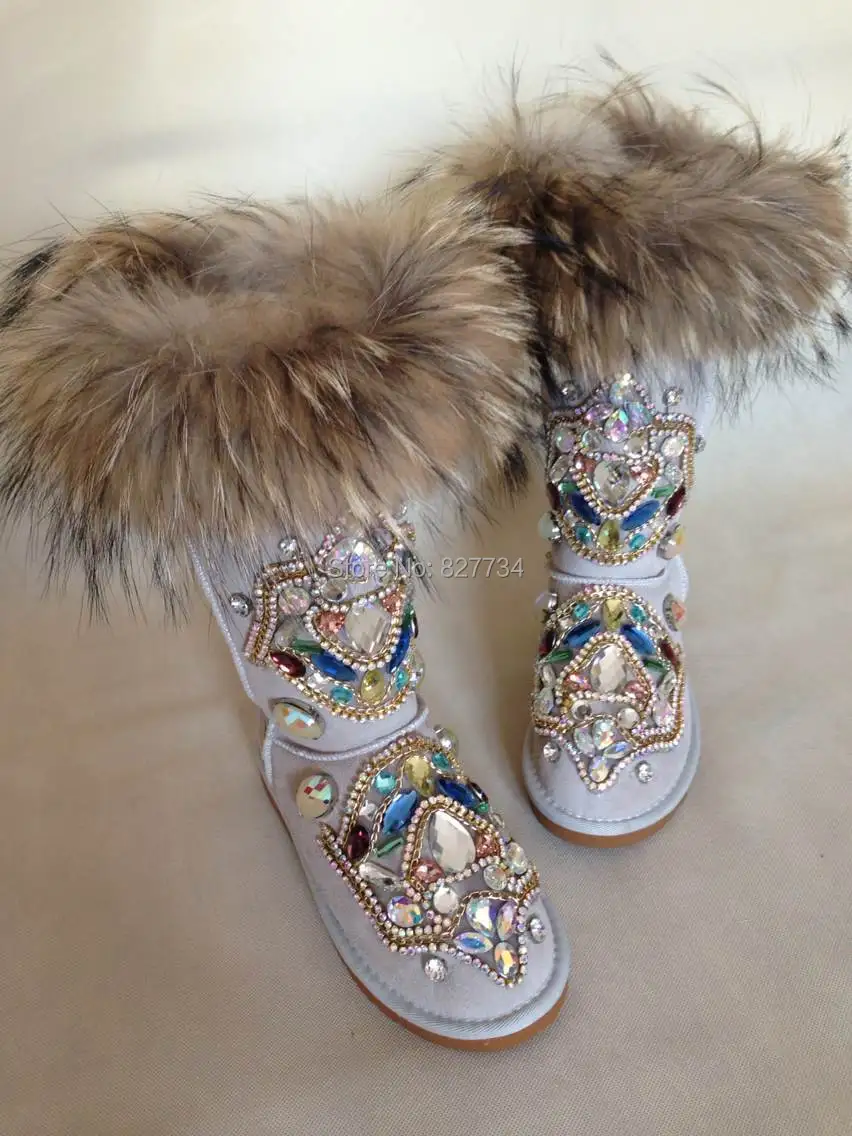 

2016 free shipping high quality cow leather rubber outsole hand sewing totem with fur snow boots