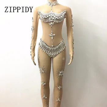 

Big Shining Crystals Mash Jumpsuits Stretch Stones Costume One-piece Outfit Perspective Rompers Nightclub Show Party Dance Wear