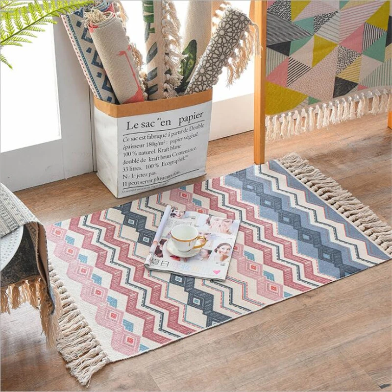 

AOVOLL Retro Ethnic Style Simple Cotton Mat Floor Living Room Bedroom Bedside Mat Tassel Blanket Tatami Kitchen Rug Floor Mat