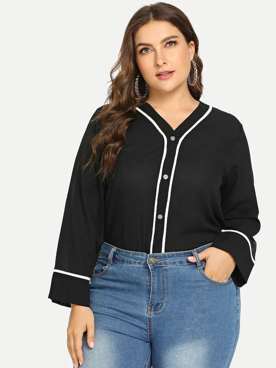 

2019 Summer Casual Chiffon Blouses V-Neck Long Sleeve Blouse PLUS Size 5XL XXXXL Women Button Blouses Tops