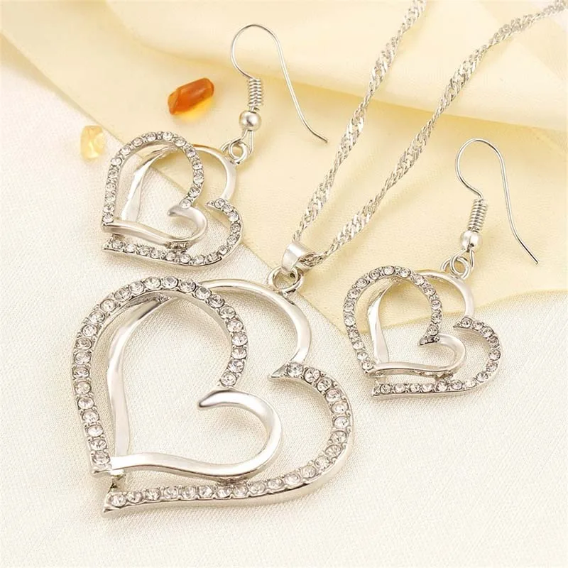 Романтические Женские Ювелирные наборы, Кристальное ожерелье, серьги, двойное сердце, ожерелье, серьги, набор из нержавеющей стали, ювелирное изделие для - Окраска металла: silver