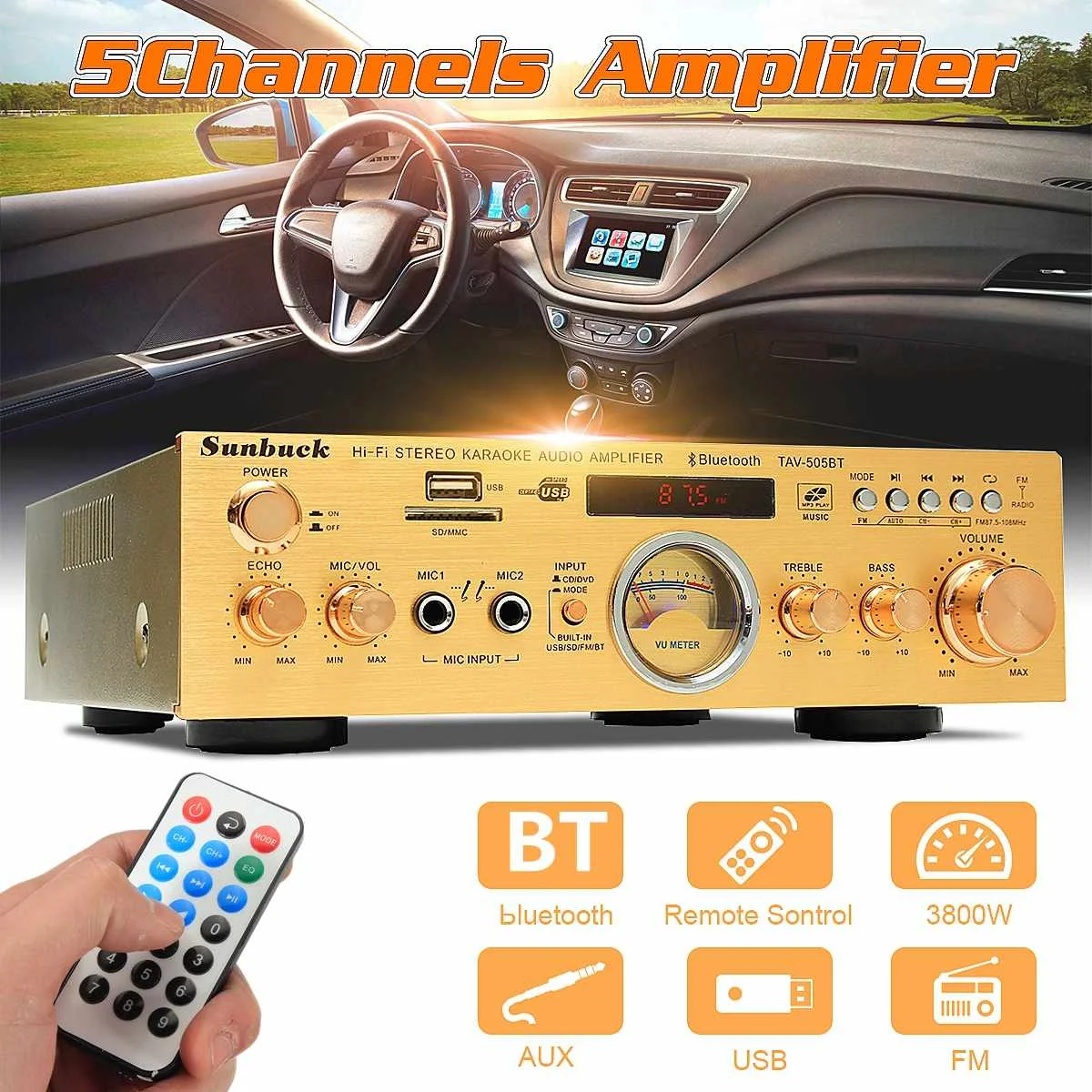 

CLAITE 220V-240V 505BT 1200W 5 Channel Stereo Amplifier bluetooth Sound Mode Audio Music Booster for Car Home