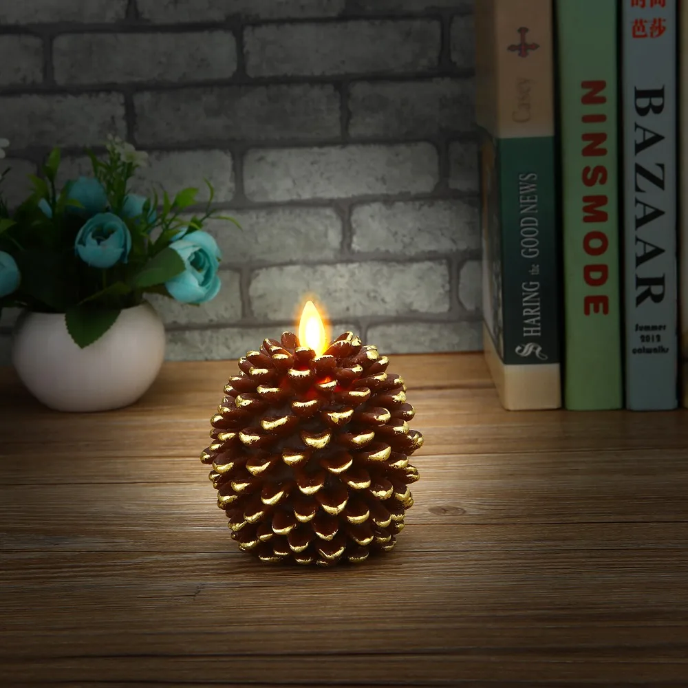 Ksperway LED 3.5*4 Pine Cone Flameless Candles Light Battery Operated with Timer Function (Brown
