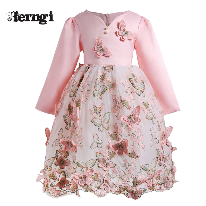 

Berngi Baby Girls Princess Dress Autumn Kids Long Sleeves Pink Clothes Princess Party Butterfly Girls Clothes